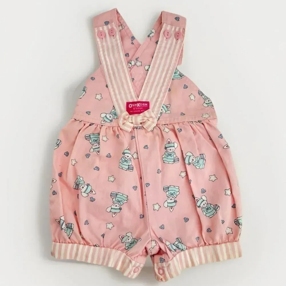 VINTAGE Osh Kosh Overalls Girls 3T Pink Bunny Rabbit Easter Print USA